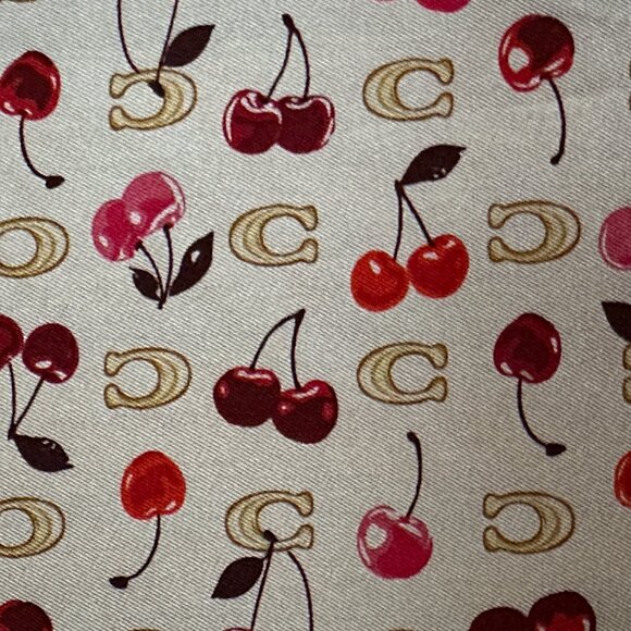 COACH SCULPTED C CHERRIES PRINT SILK BANDANA SCARF:NWT CDG76 CHALK/RED - Picture 5 of 9
